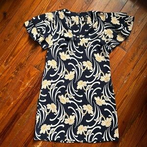 Ann Taylor V-neck Navy Yellow Floral Flutter Sleeve Dress Size 4